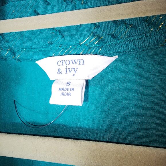 Crown & Ivy Sz S Cotton Green Embroidered Gold Metallic Midi Dress Tiered Ruffle - Picture 5 of 9